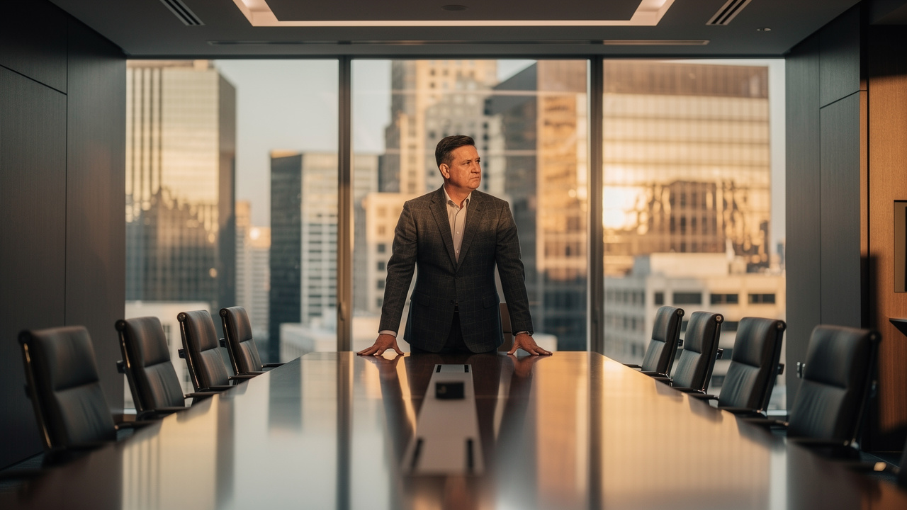 CEO standing alone in boardroom making strategic leadership hiring decision