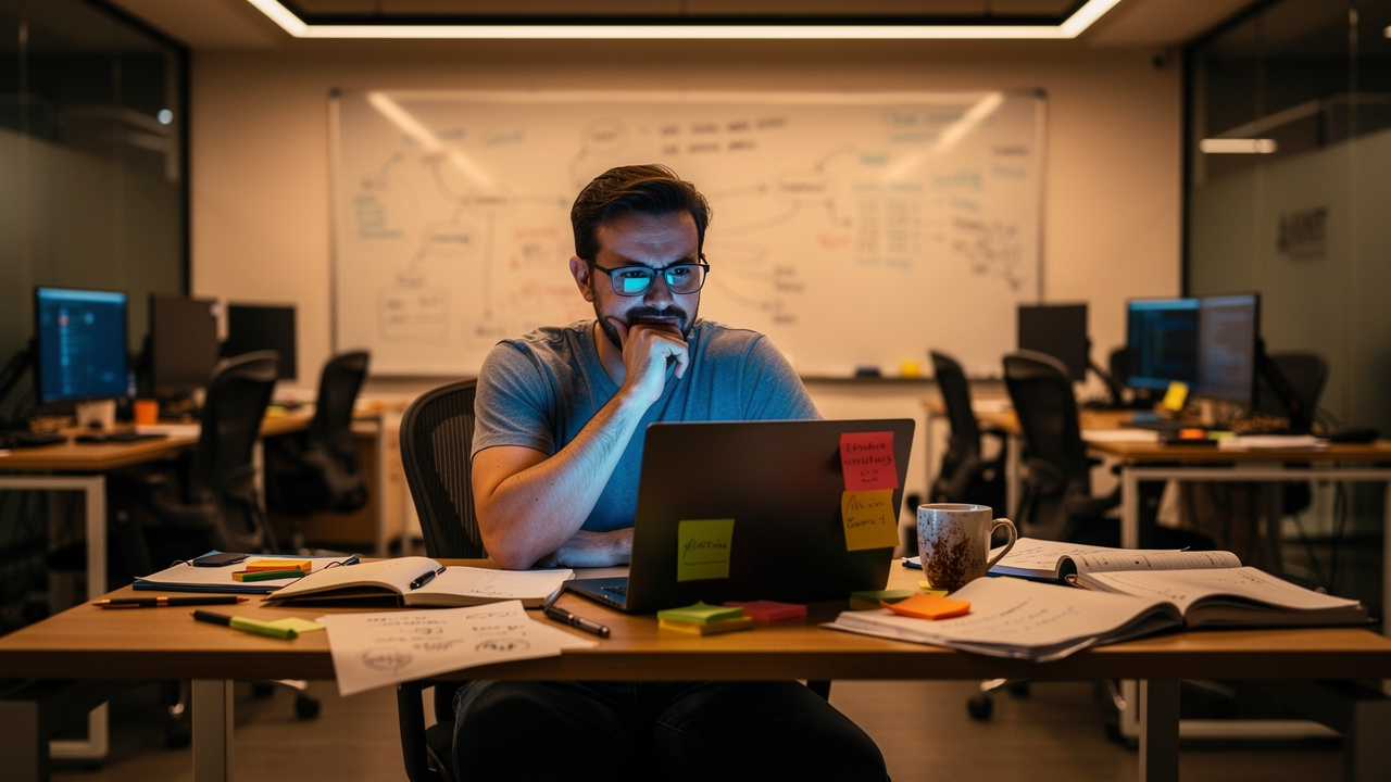 Frustrated founder facing leadership gap challenges in startup office