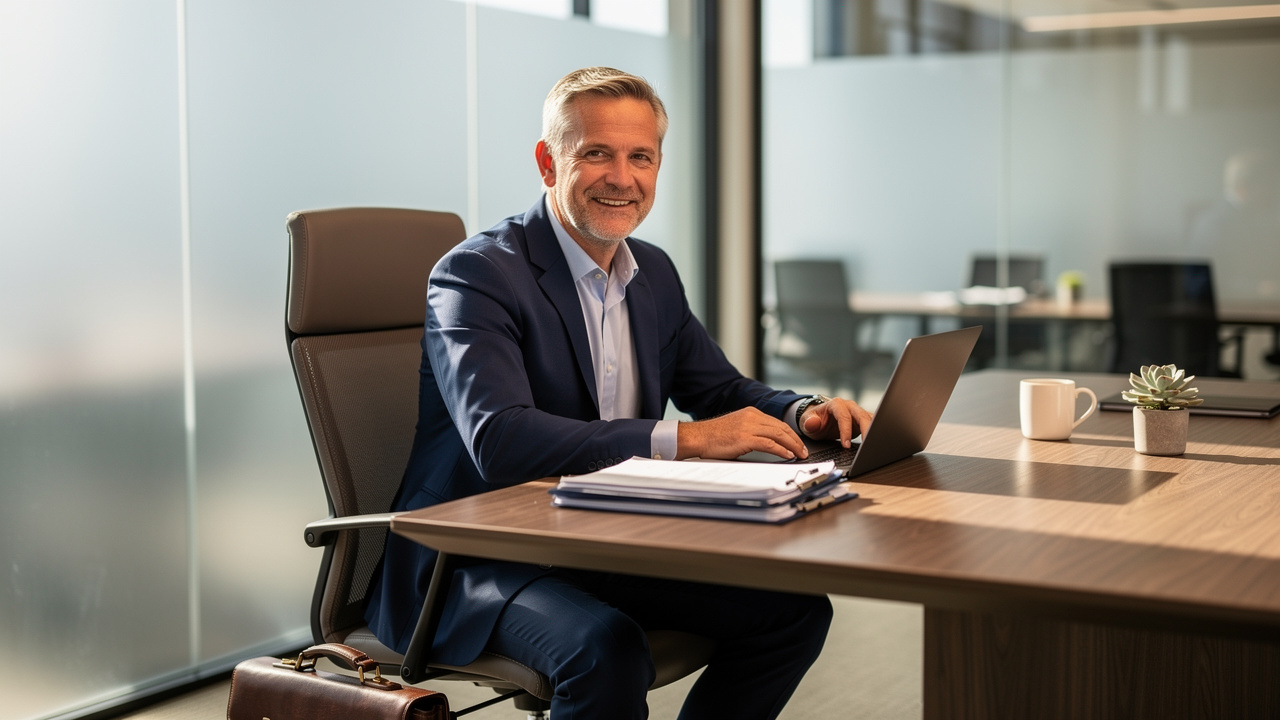 Experienced fractional executive working part-time at modern company office