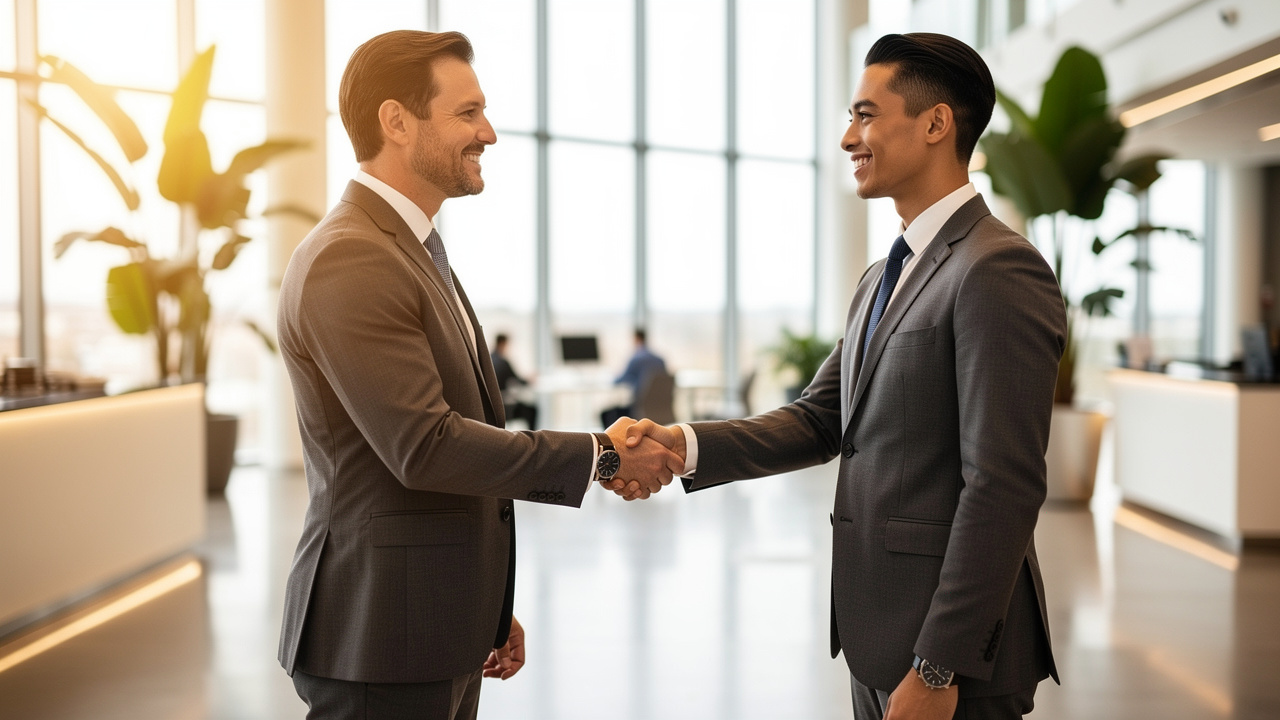 Business professionals shaking hands sealing fractional executive partnership agreement