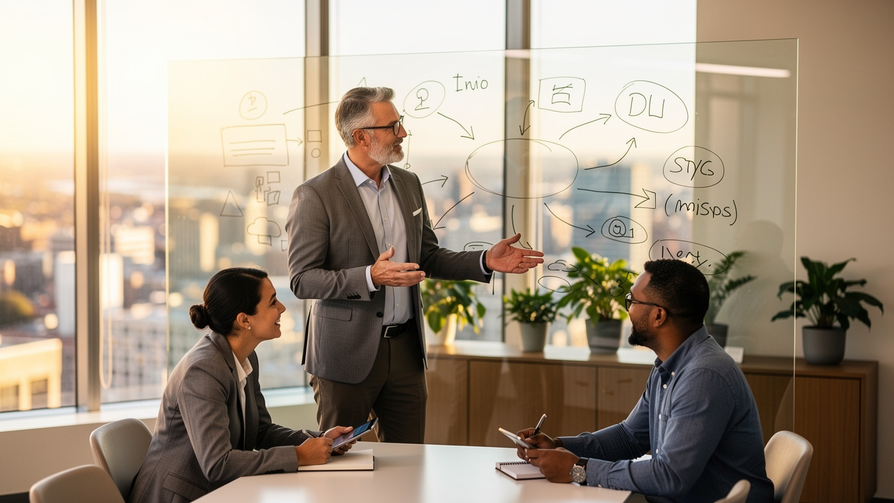 Leadership team mapping growth strategy on whiteboard in modern office
