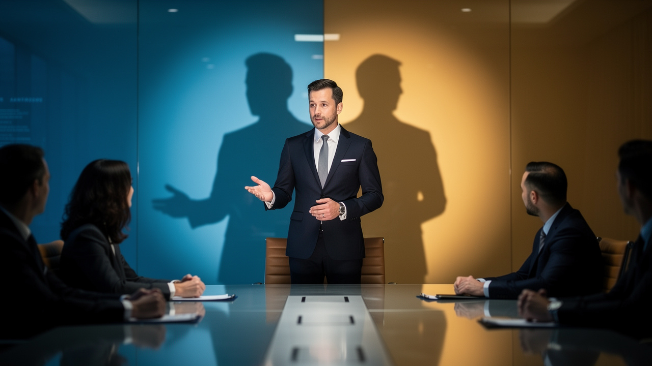 Executive with dual shadows symbolizing two leadership blind spots