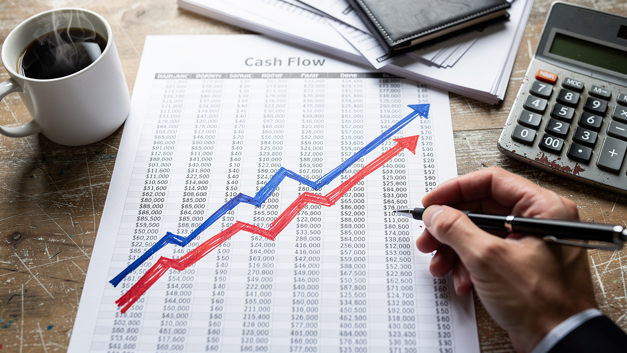 Cash flow forecast documents spread on office desk