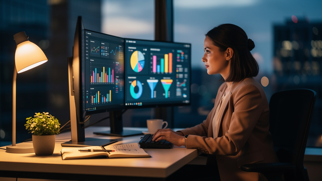 Marketing professional analyzing campaign ROI on computer screens